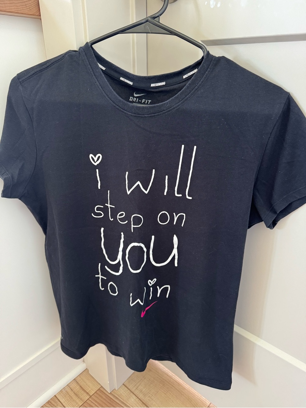 Nike Black Graphic Dri-Fit Tee with White Script and Pink Accent